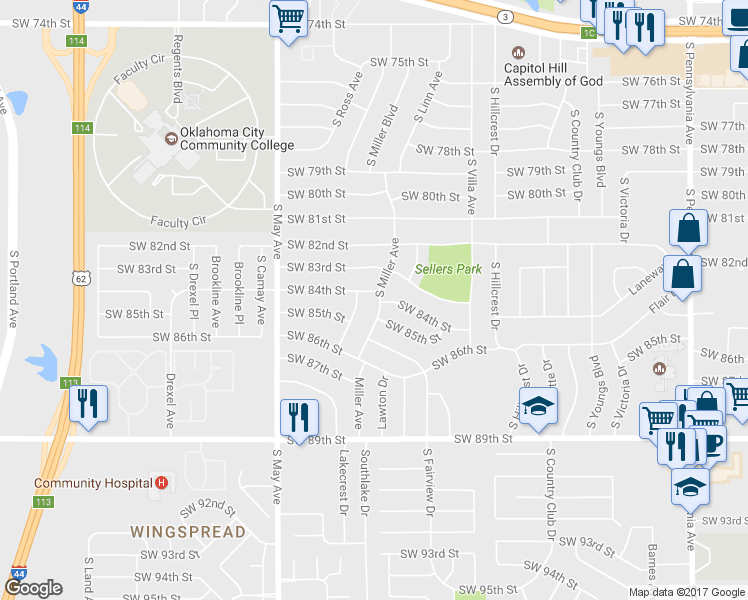 map of restaurants, bars, coffee shops, grocery stores, and more near 8505 South Miller Avenue in Oklahoma City