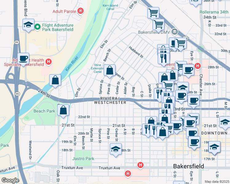map of restaurants, bars, coffee shops, grocery stores, and more near 2419 Cedar Street in Bakersfield