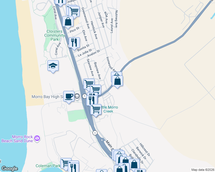 map of restaurants, bars, coffee shops, grocery stores, and more near 535 California 41 in Morro Bay