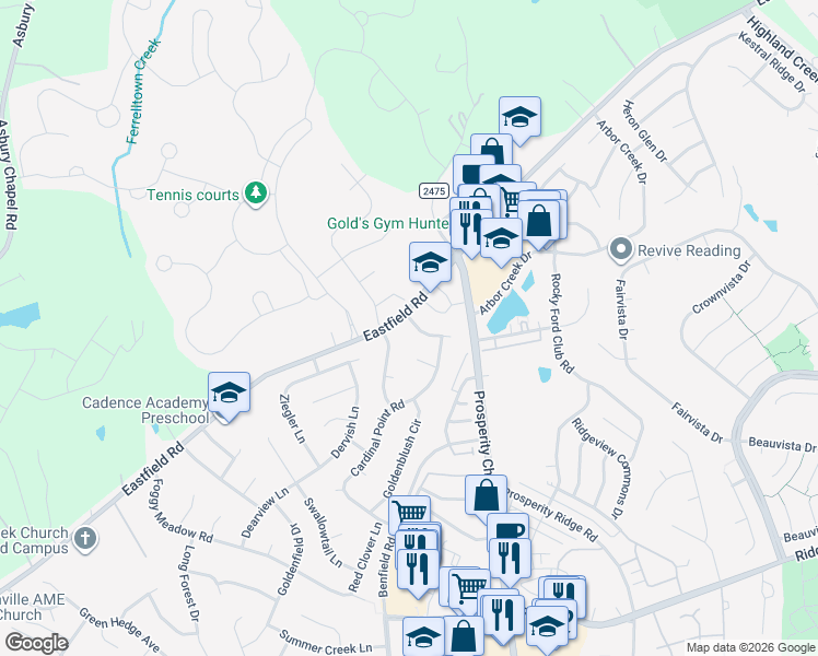 map of restaurants, bars, coffee shops, grocery stores, and more near 6749 Summergold Way in Charlotte