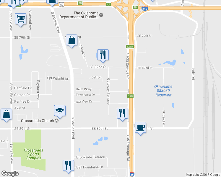 map of restaurants, bars, coffee shops, grocery stores, and more near 801 Southeast 84th Street in Oklahoma City