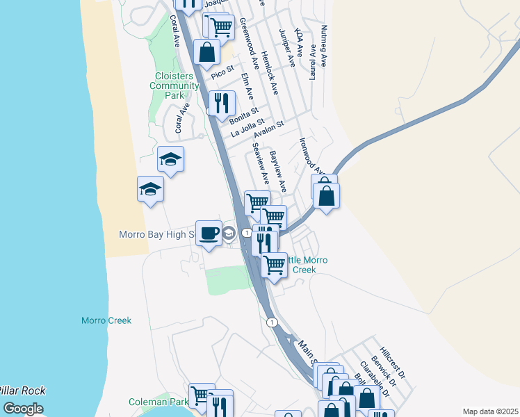 map of restaurants, bars, coffee shops, grocery stores, and more near 1931 Sunset Avenue in Morro Bay