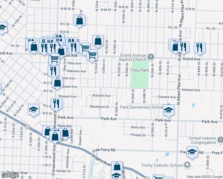 map of restaurants, bars, coffee shops, grocery stores, and more near 3408 Kinkead Avenue in Fort Smith