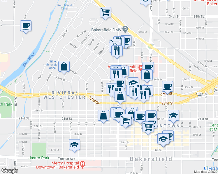 map of restaurants, bars, coffee shops, grocery stores, and more near 2441 Encina Street in Bakersfield