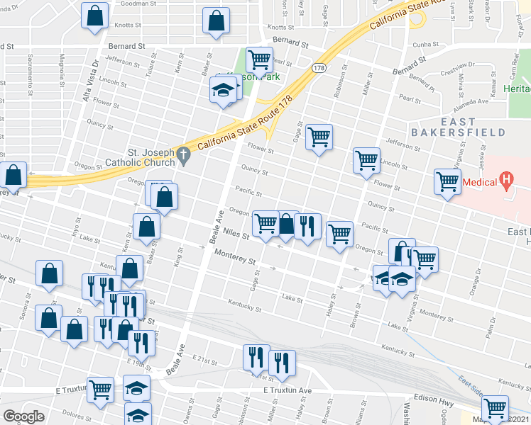 map of restaurants, bars, coffee shops, grocery stores, and more near 1032 Oregon Street in Bakersfield