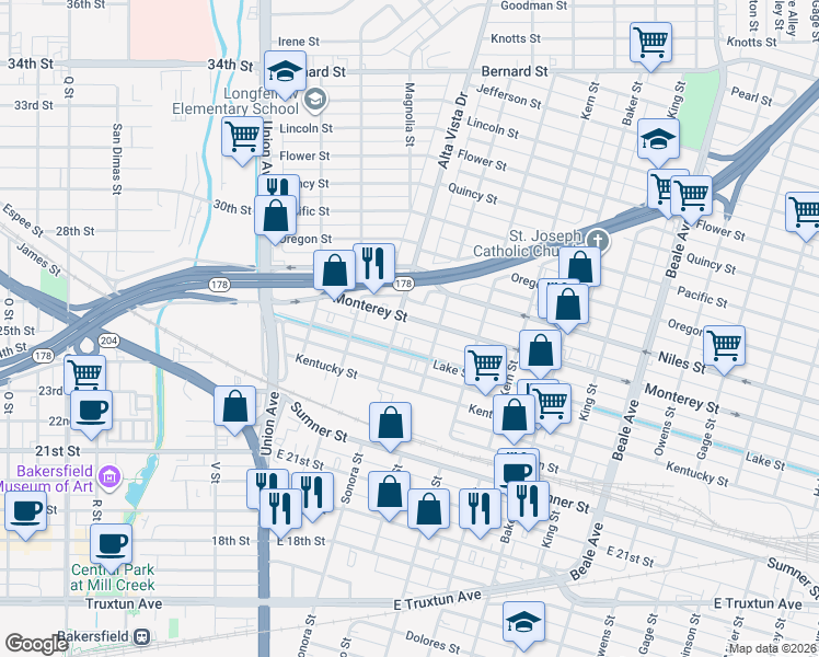 map of restaurants, bars, coffee shops, grocery stores, and more near 325 Monterey Street in Bakersfield