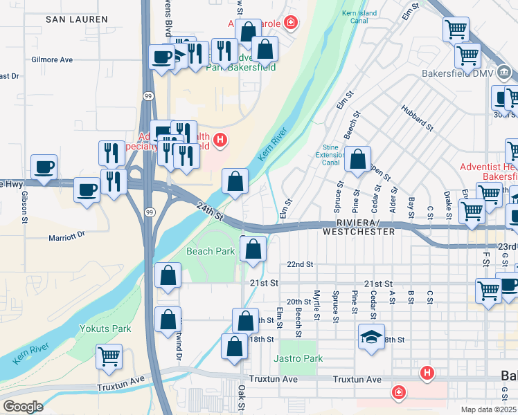 map of restaurants, bars, coffee shops, grocery stores, and more near 2480 Olive Street in Bakersfield