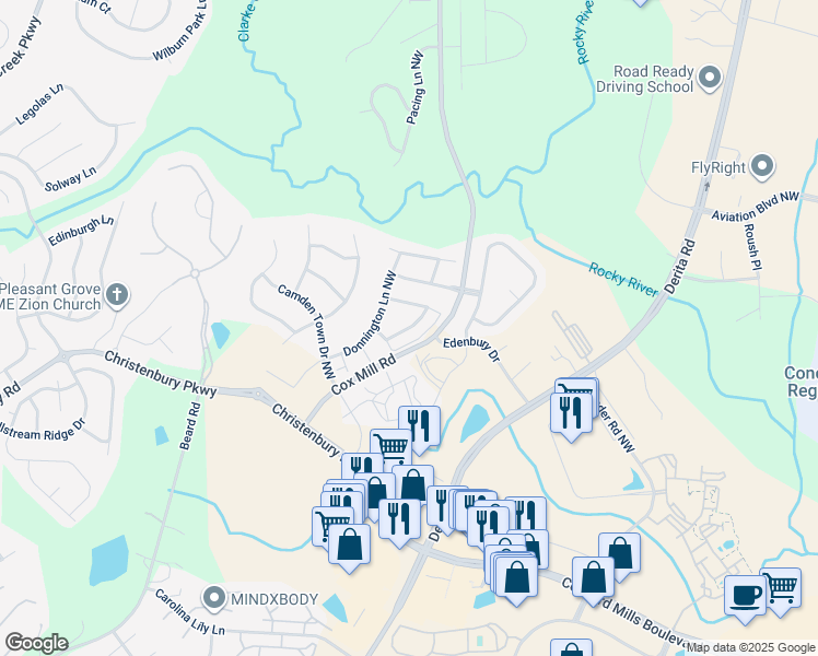 map of restaurants, bars, coffee shops, grocery stores, and more near 9579 Cox Mill Road in Concord
