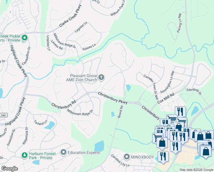 map of restaurants, bars, coffee shops, grocery stores, and more near 2418 Summers Glen Drive Northwest in Concord