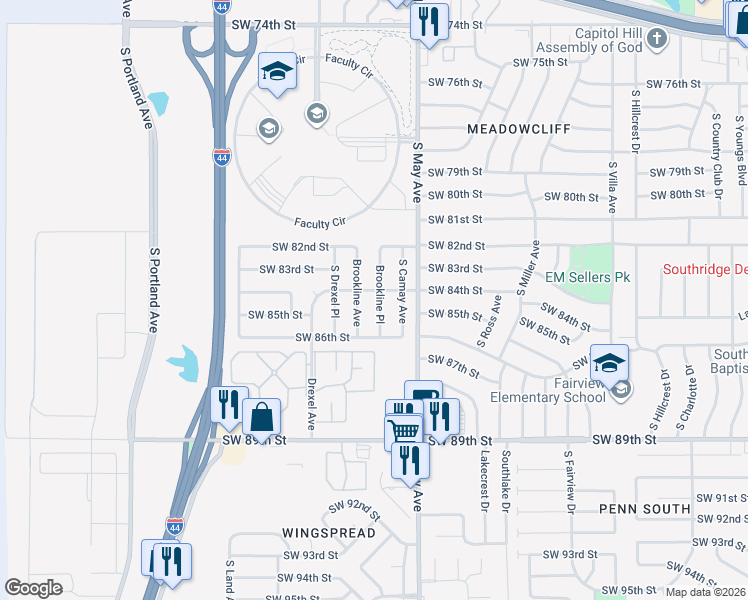 map of restaurants, bars, coffee shops, grocery stores, and more near 8505 Brookline Place in Oklahoma City