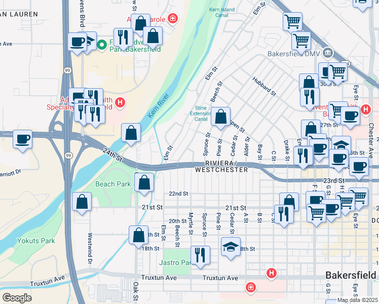 map of restaurants, bars, coffee shops, grocery stores, and more near 2420 Beech Street in Bakersfield