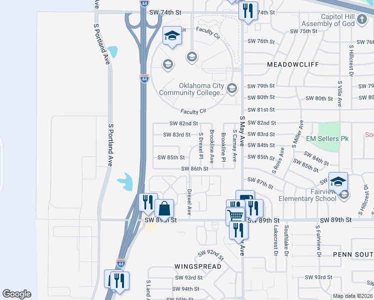 map of restaurants, bars, coffee shops, grocery stores, and more near 8529 Drexel Avenue in Oklahoma City