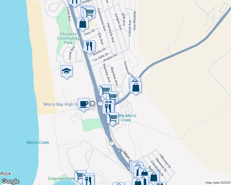 map of restaurants, bars, coffee shops, grocery stores, and more near 476 Crest Street in Morro Bay
