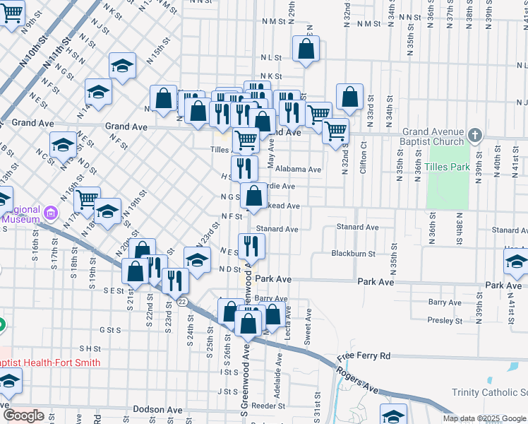 map of restaurants, bars, coffee shops, grocery stores, and more near 623 North May Avenue in Fort Smith