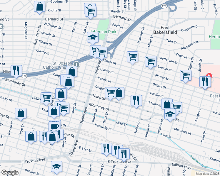 map of restaurants, bars, coffee shops, grocery stores, and more near 1022 Oregon Street in Bakersfield