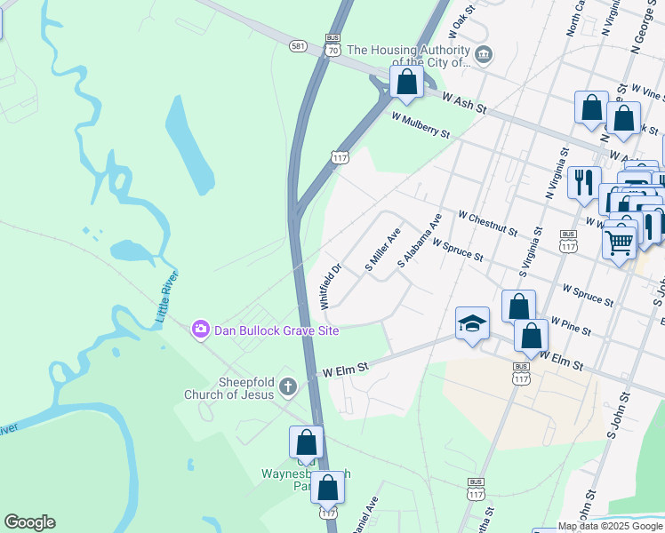 map of restaurants, bars, coffee shops, grocery stores, and more near 403 Whitfield Drive in Goldsboro