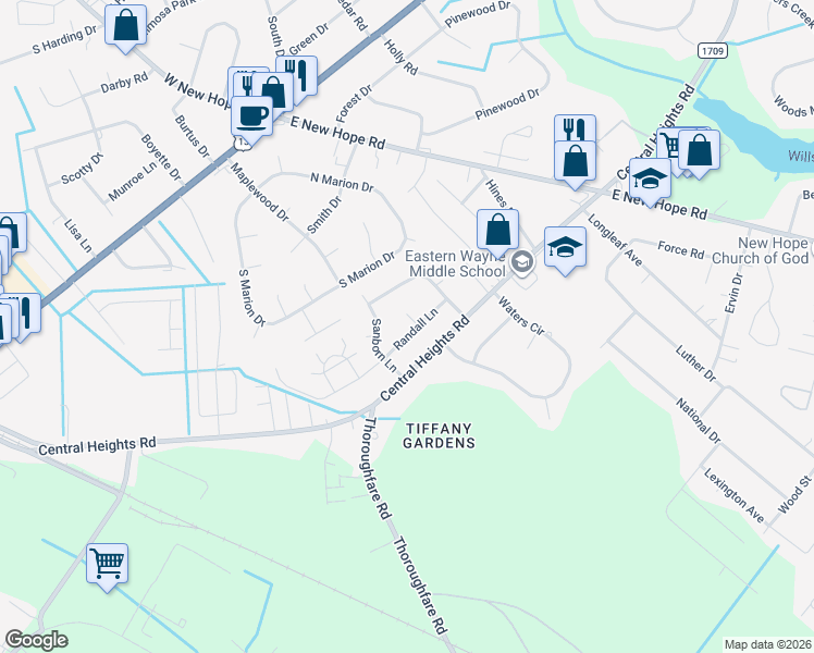 map of restaurants, bars, coffee shops, grocery stores, and more near 115 Randall Lane in Goldsboro