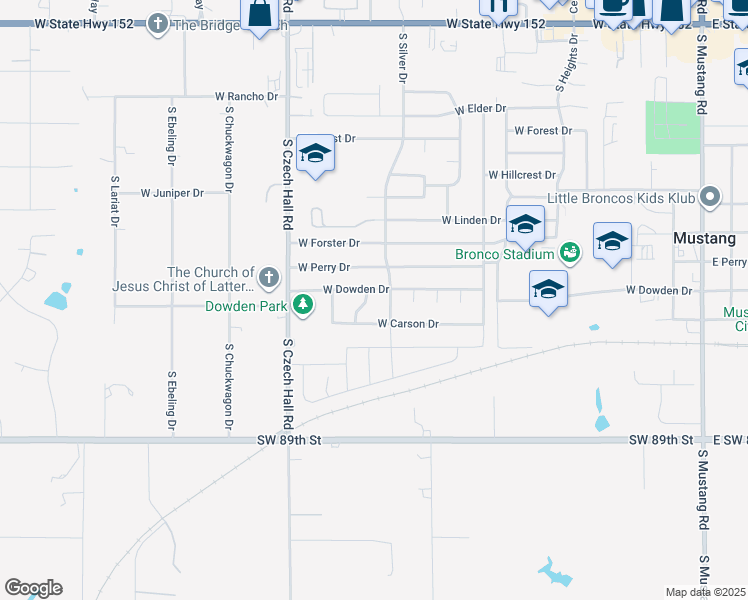 map of restaurants, bars, coffee shops, grocery stores, and more near 1116 South Douglas Drive in Mustang