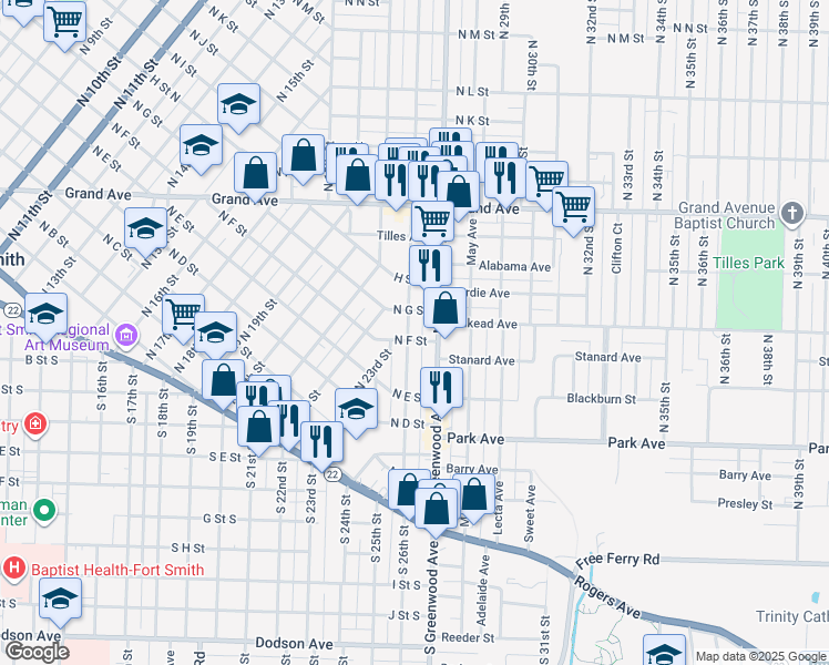 map of restaurants, bars, coffee shops, grocery stores, and more near 604 Belle Avenue in Fort Smith