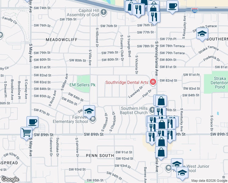 map of restaurants, bars, coffee shops, grocery stores, and more near 8500 South Charlotte Drive in Oklahoma City
