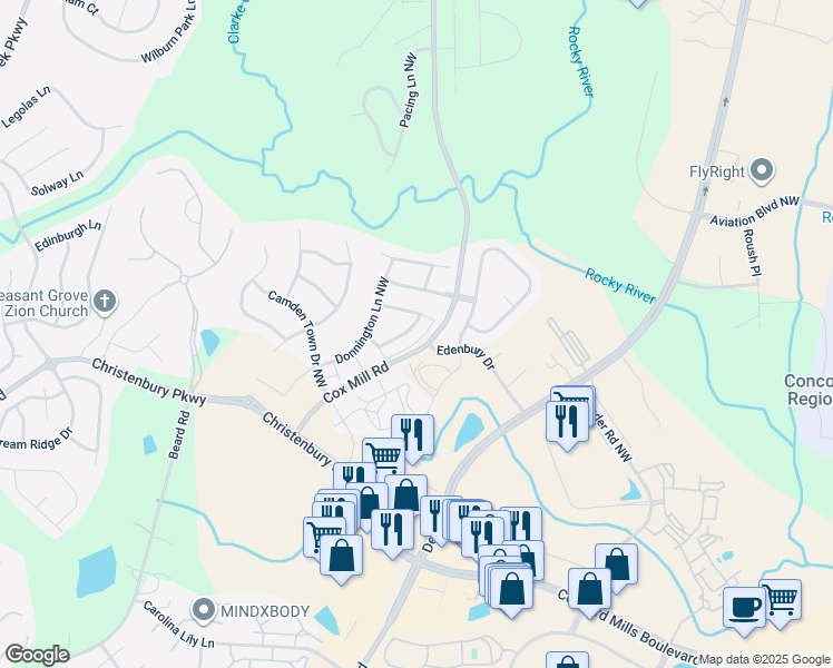 map of restaurants, bars, coffee shops, grocery stores, and more near 2231 Eversham Drive Northwest in Concord