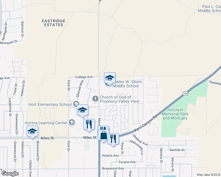 map of restaurants, bars, coffee shops, grocery stores, and more near 2551 Morning Drive in Bakersfield