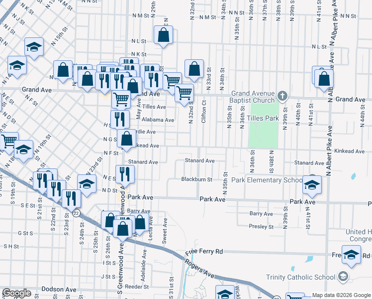 map of restaurants, bars, coffee shops, grocery stores, and more near 3112 Kinkead Avenue in Fort Smith