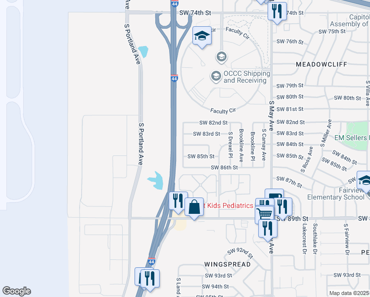 map of restaurants, bars, coffee shops, grocery stores, and more near 8505 South Independence Avenue in Oklahoma City
