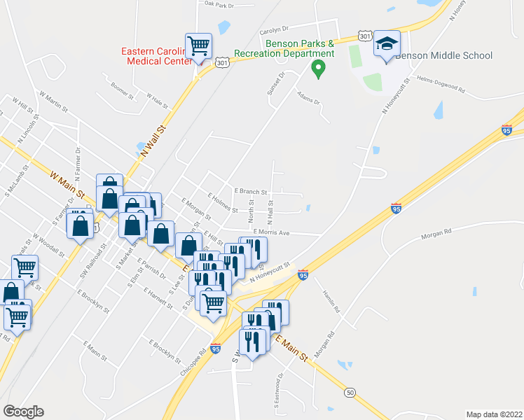 map of restaurants, bars, coffee shops, grocery stores, and more near 507 East Holmes Street in Benson