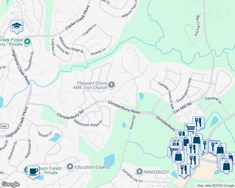 map of restaurants, bars, coffee shops, grocery stores, and more near 2418 Summers Glen Drive Northwest in Concord