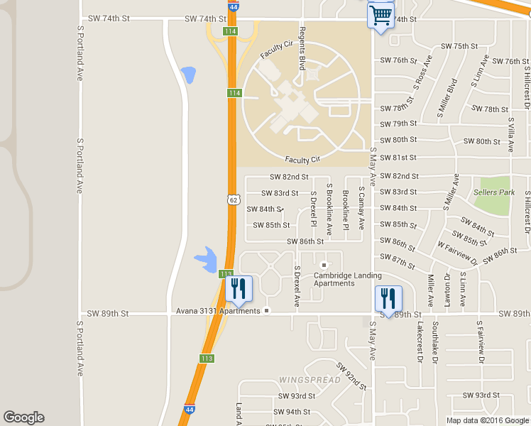 map of restaurants, bars, coffee shops, grocery stores, and more near 3220 Southwest 84th Street in Oklahoma City
