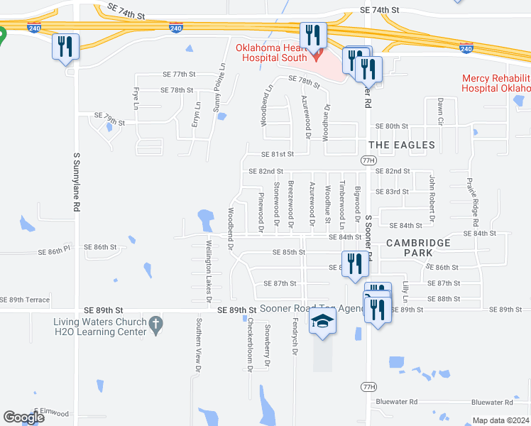 map of restaurants, bars, coffee shops, grocery stores, and more near 8412 Pinewood Drive in Oklahoma City