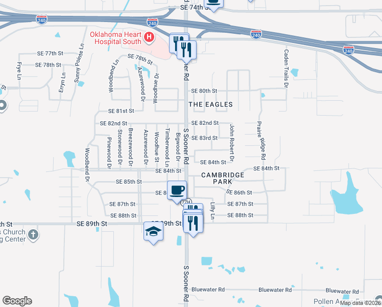 map of restaurants, bars, coffee shops, grocery stores, and more near 8405 Timothy Lane in Oklahoma City
