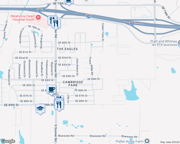 map of restaurants, bars, coffee shops, grocery stores, and more near 6033 Southeast 84th Place in Oklahoma City