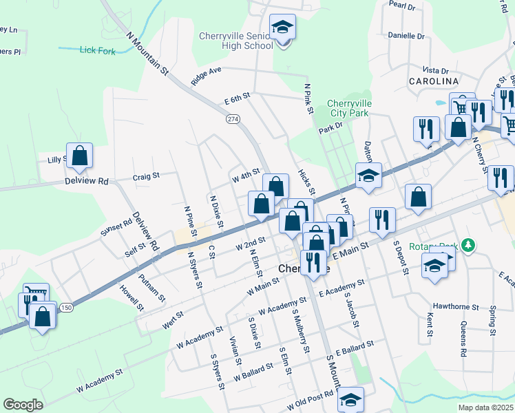 map of restaurants, bars, coffee shops, grocery stores, and more near 403 North Mulberry Street in Cherryville