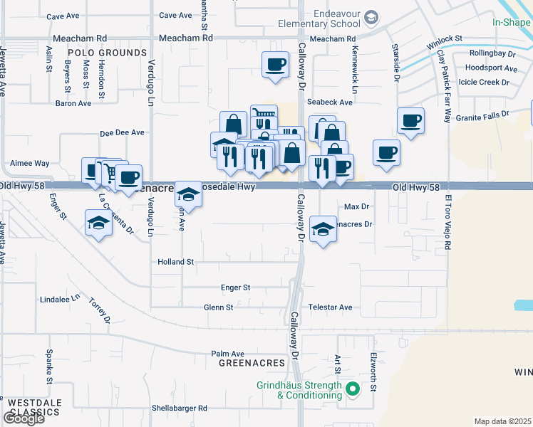 map of restaurants, bars, coffee shops, grocery stores, and more near 9830 Greenacres Drive in Bakersfield