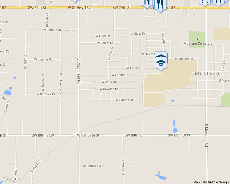 map of restaurants, bars, coffee shops, grocery stores, and more near 660 South Philbrook Court Drive in Mustang