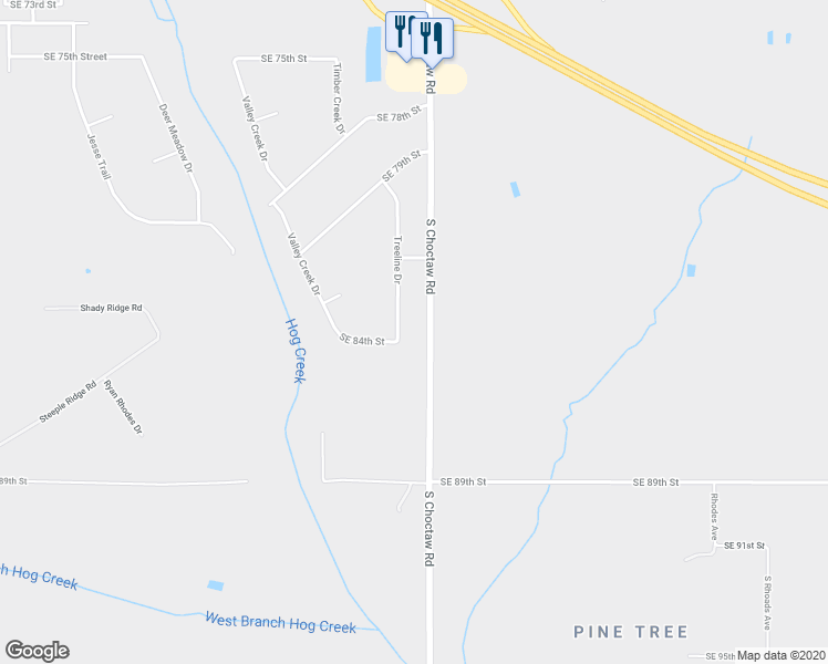 map of restaurants, bars, coffee shops, grocery stores, and more near 8424 Treeline Drive in Choctaw