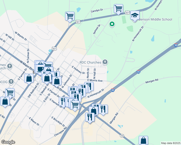 map of restaurants, bars, coffee shops, grocery stores, and more near 505 East Holmes Street in Benson