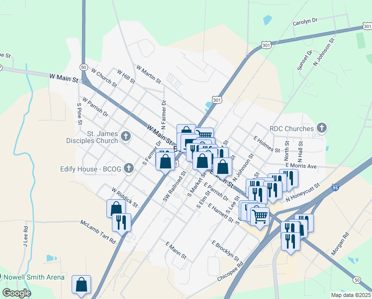 map of restaurants, bars, coffee shops, grocery stores, and more near 120 West Main Street in Benson