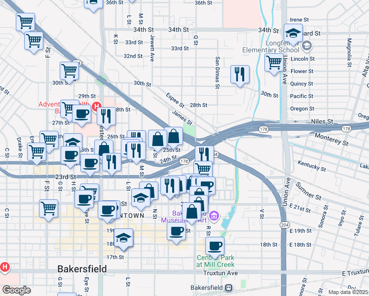 map of restaurants, bars, coffee shops, grocery stores, and more near 830 25th Street in Bakersfield
