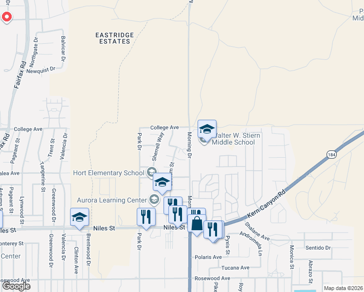 map of restaurants, bars, coffee shops, grocery stores, and more near 7913 Latham Court in Bakersfield