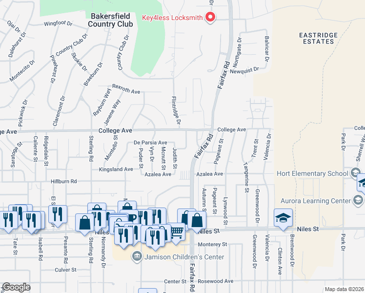 map of restaurants, bars, coffee shops, grocery stores, and more near 2800 Judith Street in Bakersfield