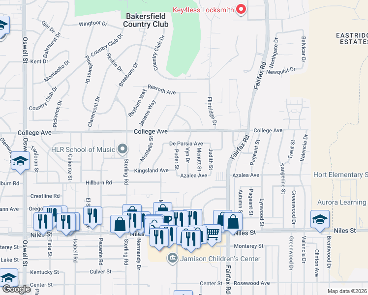 map of restaurants, bars, coffee shops, grocery stores, and more near 2712 Puder Street in Bakersfield