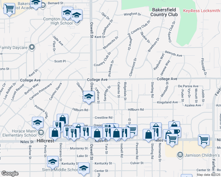 map of restaurants, bars, coffee shops, grocery stores, and more near 3101 Saratoga Street in Bakersfield