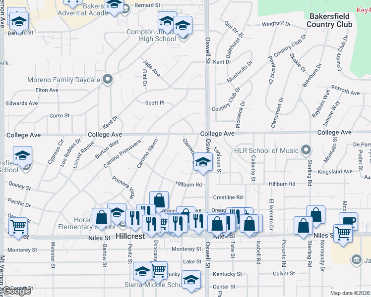 map of restaurants, bars, coffee shops, grocery stores, and more near 1764 Glenwood Drive in Bakersfield