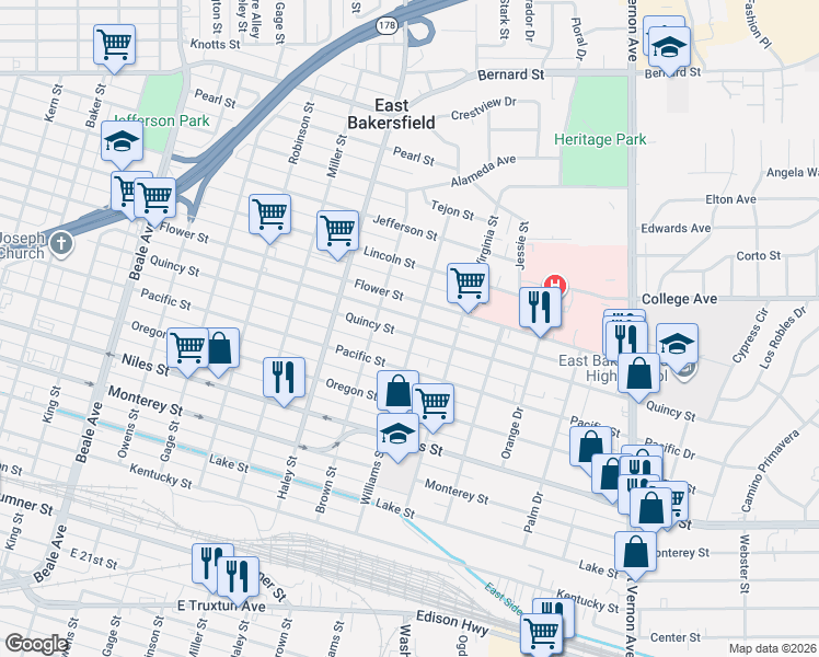 map of restaurants, bars, coffee shops, grocery stores, and more near 1604 Quincy Street in Bakersfield