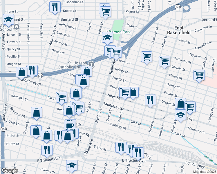 map of restaurants, bars, coffee shops, grocery stores, and more near 1319 Beale Avenue in Bakersfield