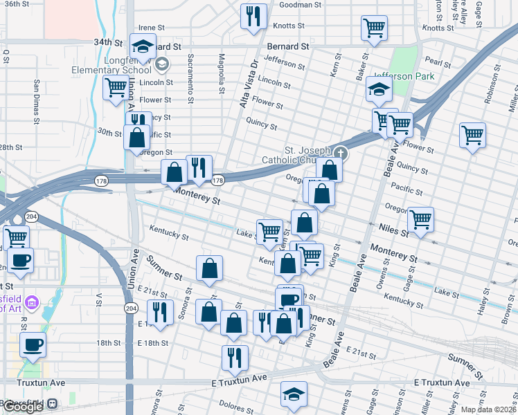 map of restaurants, bars, coffee shops, grocery stores, and more near 420 Monterey Street in Bakersfield