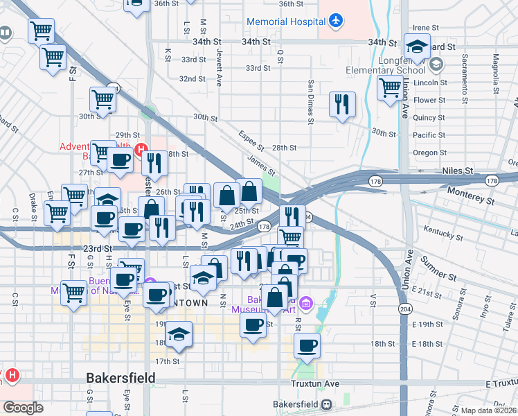 map of restaurants, bars, coffee shops, grocery stores, and more near 830 25th Street in Bakersfield